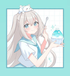 1girl animal animal_on_head animal_request aqua_border aqua_sailor_collar blue_eyes blue_necktie border bowl closed_mouth fang flower-shaped_pupils food furutori grey_hair hair_between_eyes highres holding holding_bowl holding_food holding_spoon long_hair looking_at_viewer necktie on_head original sailor_collar school_uniform shaved_ice shirt short_sleeves sidelocks skin_fang smile solo spoon symbol-shaped_pupils two_side_up upper_body very_long_hair white_background white_shirt