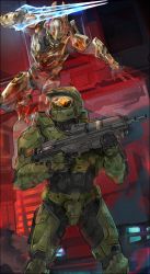 absurdres alien armor assault_rifle bullpup energy_sword green_armor gun halo_(series) helmet highres holding holding_gun holding_sword holding_weapon master_chief nslacka plasma_sword power_armor power_suit rifle sangheili science_fiction spartan_(halo) standing sword type-1_energy_sword visor weapon