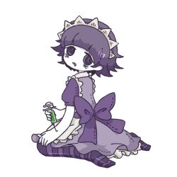 1girl apron back_bow bags_under_eyes blunt_bangs bow colored_skin dress drooling frilled_apron frills full_body futaba_channel hana-hasu holding holding_syringe injection looking_back maid maid_apron maid_headdress nijiura_maids no_nose pantyhose petticoat puffy_short_sleeves puffy_sleeves purple_bow purple_dress purple_eyes purple_hair purple_pantyhose purple_sash ringed_eyes sash short_hair short_sleeves simple_background sitting solo striped_clothes striped_pantyhose syringe wariza white_apron white_background white_skin yakui