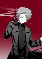 1boy absurdres artist_request belt chinese_commentary coat commentary earrings gloves greyscale_with_colored_background highres jewelry long_sleeves male_focus open_belt open_clothes open_coat red_background saibou_shinkyoku second-party_source short_hair smile smoke solo theodore_riddle upper_body