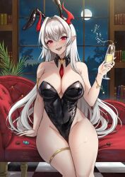 1girl alcohol animal_ears artist_logo between_breasts black_leotard blush bookshelf bracelet breasts candy champagne cleavage couch cup dragon_girl dragon_horns drinking_glass eirwen_(ryuuneart) fake_animal_ears food full_moon grey_hair groin hair_between_eyes hair_intakes highleg highleg_leotard highres holding holding_cup horns jewelry large_breasts leotard lips logo long_hair looking_at_viewer moon necktie necktie_between_breasts night on_couch open_mouth original playboy_bunny pointy_ears rabbit_ears red_eyes red_horns red_necktie ryuuneart signature slit_pupils smile solo spilling teeth thigh_gap thigh_strap very_long_hair window wine_glass
