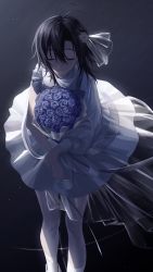 1girl absurdres antenna_hair asymmetrical_sleeves black_background black_hair blue_flower blue_rose bouquet closed_mouth commentary dress closed_eyes flower hair_flower hair_ornament hand_on_arm highres idolmaster idolmaster_(classic) kikuchi_makoto light_smile long_sleeves pantyhose raised_eyebrows rose short_hair short_sleeves solo v_arms vickyycy99 white_dress white_footwear white_pantyhose