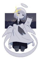 Rule 34 | 1girl, angel, angel wings, animal ears, black sailor collar, black skirt, cat ears, cowboy shot, ghost, grey neckerchief, halo, highres, looking at viewer, medium hair, miniskirt, neckerchief, omochi noa, original, outside border, sailor collar, school uniform, serafuku, signature, skirt, sparkle, wings