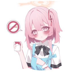 1girl :t alternate_costume amerika_neko angel&#039;s_24_uniform_(blue_archive) black_bow black_bowtie blue_archive blush bow bowtie bright_pupils cigarette cigarette_pack closed_mouth collared_shirt commentary cropped_torso feather_hair hair_between_eyes hair_ribbon halo hand_up hands_up highres holding holding_cigarette_pack index_finger_raised looking_at_viewer medium_hair no_headwear one_side_up pink_eyes pink_hair pointing pout red_ribbon ribbon scrunchie serina_(blue_archive) shirt short_sleeves simple_background solo speech_bubble spoken_symbol striped_bow upper_body v-shaped_eyebrows vertical-striped_bow white_background white_scrunchie white_shirt wrist_scrunchie yellow_halo