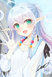 1girl absurdres ahoge artist_name bare_shoulders braid bubble emn fricka_(iris_mysteria!) green_eyes highres iris_mysteria! open_mouth pointy_ears purple_hair shirt smile waving white_shirt