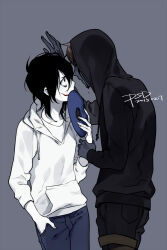 2boys against_wall bags_under_eyes black_blood black_eyes black_hair black_hoodie black_shorts blood bloody_tears blue_mask blue_pants brown_hair chinese_commentary colored_skin commentary_request cowboy_shot creepypasta denim denim_shorts drawstring eyeless_jack face-to-face from_behind glasgow_smile grey_background grey_skin hand_in_pocket hand_on_another&#039;s_wrist holding holding_mask hood hood_down hood_up hoodie jeans jeff_the_killer long_sleeves looking_at_another looking_up male_focus mask medium_hair multiple_boys pants pocket psd_(psdgai) short_hair shorts simple_background standing very_short_hair white_hoodie