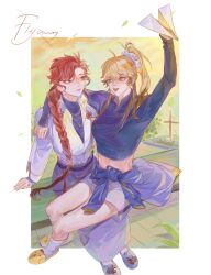 2girls alternate_hairstyle arm_around_shoulder arm_up belt black_belt black_hair black_shirt blonde_hair blue_jacket braid braided_ponytail chinese_commentary chumo-qulingxiao clothes_around_waist collared_shirt crop_top english_text falling_leaves full_body genderswap genderswap_(mtf) grey_skirt hair_between_eyes high_ponytail highres holding holding_paper_airplane jacket jacket_around_waist jewelry leaf long_hair long_skirt long_sleeves looking_at_another midriff multicolored_hair multiple_girls necklace open_mouth paper_airplane ponytail red_eyes red_hair scrunchie shiguang_dailiren shirt shorts sidelocks single_braid sitting sitting_on_lap sitting_on_person skirt slippers smile socks tassel white_scrunchie white_shirt white_socks xia_fei xiao_weiying yellow_eyes yuri
