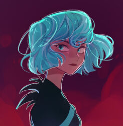 1girl abstract_background black_bodysuit blue_eyes blue_gemstone blue_hair bodysuit breasts cassandra_(tangled) chest_jewel from_side gem hair_between_eyes looking_back medium_breasts red_background short_hair solo tangled rapunzel&#039;s_tangled_adventure tr_cc upper_body