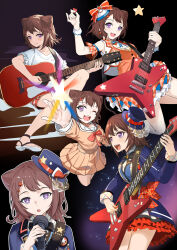 Rule 34 | 1girl, 463 jun, absurdres, acoustic guitar, bang dream!, black ribbon, blue hat, blue jacket, bow, bowtie, brown dress, brown hair, chinese commentary, commentary request, cone hair bun, cup, dress, electric guitar, frilled skirt, frills, guitar, hair bun, hair ornament, hanasakigawa school uniform, hat, highres, holding, holding cup, holding plectrum, instrument, jacket, long sleeves, medium hair, multiple views, neck ribbon, open mouth, orange vest, plectrum, purple eyes, red bow, red bowtie, red skirt, ribbon, sailor collar, sailor dress, school uniform, shirt, short sleeves, skirt, star (symbol), star hair ornament, teeth, toyama kasumi, upper teeth only, vest, white sailor collar, white shirt