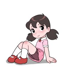 Rule 34 | 1girl, bike shorts, black eyes, black hair, blush, doraemon, full body, highres, looking at viewer, minamoto shizuka, pink shirt, pink skirt, qtkat, red footwear, shirt, simple background, sitting, skirt, smile, socks, solo, twintails, white background, white socks