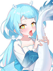 1girl absurdres blue_hair blue_pupils commentary_request dress highres holding_own_tail horns lin_lang long_hair long_sleeves looking_at_viewer low_twintails mahjong_soul multicolored_hair open_mouth pink_hair porty_ramram saliva saliva_trail shell_hair_ornament solo streaked_hair tail tongue tongue_out twintails two-tone_hair upper_body white_dress white_horns yellow_eyes