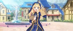 Rule 34 | 1girl, :d, blonde hair, blue dress, blue eyes, blue veil, blunt bangs, breasts, brochure, building, cecily (konosuba), cowboy shot, day, dress, fountain, game cg, gold trim, hair tie, highres, holding, holding paper, kono subarashii sekai ni shukufuku wo!, konosuba! fantastic days, long dress, long hair, looking at viewer, low-tied sidelocks, medium breasts, official art, open mouth, outdoors, paper, priestess, road, sidelocks, smile, solo, standing, street, sunlight, tachi-e, veil
