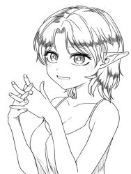 1girl alternate_costume blush breasts cleavage commentary_request fingernails greyscale grin highres interlocked_fingers lineart looking_at_viewer medium_breasts mizuhashi_parsee monochrome pointy_ears short_hair simple_background smile solo tank_top touhou upper_body yokozuna_iwashi