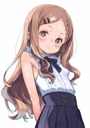 1girl aoba_kokona armpit_crease bare_arms bare_shoulders blue_bow blue_bowtie blue_skirt bow bowtie braid braided_bangs breasts bright_pupils brown_eyes brown_hair closed_mouth collared_shirt commentary hair_ornament hairclip high-waist_skirt highres long_hair long_sidelocks looking_at_viewer monomono parted_bangs shirt sidelocks skirt sleeveless sleeveless_shirt small_breasts smile solo upper_body white_background white_pupils white_shirt yama_no_susume