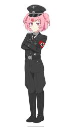1girl black_boots black_cat03 black_gloves black_hat black_jacket black_pants boots closed_mouth crossed_arms doki_doki_literature_club full_body gloves hair_ribbon hat highres jacket looking_at_viewer natsuki_(doki_doki_literature_club) nazi pants peaked_cap pink_eyes pink_hair red_ribbon ribbon short_hair simple_background skull_pin smile solo ss_insignia ss_uniform standing swastika totenkopf waffen-ss white_background