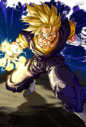 Rule 34 | 1boy, artist name, blonde hair, blue dougi, blue pants, blue sash, blue sky, blue vest, boots, cloud, collarbone, commentary request, curtained hair, dougi, dragon ball, dragonball z, earrings, energy, english text, full body, gloves, glowing, glowing eyes, highres, jewelry, legs apart, long bangs, long hair, looking at viewer, male focus, orange shirt, pants, parted lips, pectoriah, potara earrings, sash, shadow, shirt, short sleeves, signature, sky, smile, smirk, solo, spiked hair, standing, stynl f, super saiyan, super saiyan 1, v-shaped eyebrows, vegetto, veins, veiny pectorals, vest, white boots, white gloves