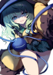 1girl absurdres black_headwear blurry depth_of_field floral_print green_eyes green_hair green_skirt highres komeiji_koishi long_sleeves looking_at_viewer medium_hair open_mouth rose_print sakurame shirt simple_background skirt solo third_eye touhou white_background yellow_shirt