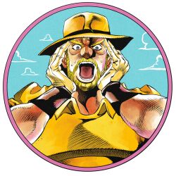 Rule 34 | 1boy, araki hirohiko (style), ark nemesis, beard, blonde hair, blue eyes, blue sky, commentary, derivative work, english commentary, facial hair, gloves, hands on own cheeks, hands on own face, hat, hatching (texture), highres, jojo no kimyou na bouken, joseph joestar, joseph joestar (old), male focus, official style, open mouth, round image, shirt, shouting, sky, solo, stardust crusaders, sweat, upper body, wristband, yellow gloves, yellow hat, yellow shirt