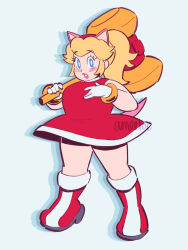 1girl amie_sanchez amy_rose amy_rose_(cosplay) artist_name blush commentary cosplay english_commentary eyelashes gloves highres holding long_hair looking_at_viewer mario_(series) nintendo ponytail princess_peach raised_eyebrows signature solo sonic_(series) toy_hammer watermark white_gloves