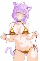 Rule 34 | 1girl, absurdres, ahoge, alternate costume, animal collar, animal ear fluff, animal ears, bikini, bikini bottom lift, black collar, breasts, cat ears, cat girl, cat tail, collar, commentary request, cowboy shot, flying sweatdrops, gold bikini, highres, hololive, lifting own clothes, nekomata okayu, open mouth, purple eyes, purple hair, side-tie bikini bottom, simple background, smile, solo, swimsuit, tail, virtual youtuber, warg game, white background