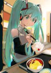 1girl absurdres aqua_eyes aqua_hair black_sleeves chopsticks detached_sleeves eating grey_shirt hatsune_miku highres holding holding_chopsticks kamatoyu long_hair looking_down shirt sitting sleeveless sleeveless_shirt solo solo_focus twintails upper_body very_long_hair vocaloid