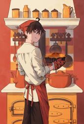 Rule 34 | 1boy, absurdres, ahoge, apron, bandana, brown eyes, brown hair, brown pants, closed mouth, commentary request, cooking, cooking pot, cowboy shot, food, from behind, frying pan, highres, holding, holding food, ito yoshi, jar, kitchen, light smile, long sleeves, looking at viewer, male focus, original, oven, oven mitts, pants, pie, pitcher (container), red apron, red bandana, red theme, shelf, shirt, short hair, solo, spoon, standing, tile wall, tiles, turning head, very short hair, waist apron, warm colored, white shirt, wooden spoon