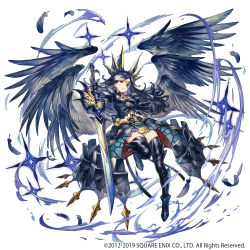 1girl 2012 2019 armor armored_boots armored_dress black_dress black_hair black_thighhighs black_wings boots bravely_default:_praying_brage bravely_default_(series) breasts character_request company_name copyright_notice dress eyepatch feathered_wings feathers highres holding holding_sword holding_weapon long_hair looking_at_viewer multiple_wings official_art parted_lips red_eyes satou_kivi small_breasts solo sword thigh_boots thighhighs weapon wings