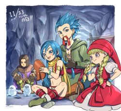 2boys 2girls 2others :d aqua_eyes aqua_pants armlet bead_necklace beads belt blonde_hair blue_eyes blue_hair blush boots border bow bracelet braid braiding_hair brother_and_sister brown_hair brown_pants brown_trim camus_(dq11) cave_interior commentary_request crop_top dated dragon_quest dragon_quest_xi dress earrings gold_armlet gold_earrings green_boots green_shoes green_tunic hair_down hairdressing hand_on_own_hip hands_on_own_knees hat hero_(dq11) holding holding_mirror hoop_earrings indian_style janis_(hainegom) jewelry long_hair looking_at_another looking_at_mirror looking_down looking_to_the_side low_twin_braids maya_(dq11) medium_hair midriff mirror mouth_hold multiple_boys multiple_girls multiple_others navel necklace open_mouth orange_socks pants parted_hair puffy_short_sleeves puffy_sleeves purple_eyes purple_tunic red_bow red_dress red_hat red_ribbon red_sash red_shorts red_socks red_vest ribbon ribbon_in_mouth sash scarf shirt shirt_under_dress shoes short_hair short_sleeves shorts siblings single_bang sitting smile socks sparkle spiked_hair squatting tockle_(dq11) translation_request tunic twin_braids veronica_(dq11) vest white_belt white_border white_shirt yellow_scarf yellow_trim
