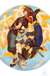 Rule 34 | 2boys, aqua eyes, black boots, black gloves, blue eyes, boots, brown hair, chain, chain necklace, crystal fae, fingerless gloves, full body, gloves, grey hair, highres, holding, holding weapon, hood, hood down, hooded jacket, jacket, jewelry, keyblade, kingdom hearts, kingdom hearts iii, male focus, multiple boys, necklace, paopu fruit, riku (kingdom hearts), short hair, short sleeves, sora (kingdom hearts), spiked hair, watermark, weapon, web address