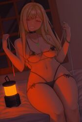 1girl absurdres barbell_piercing bead_bracelet beads bikini black_bikini black_choker blonde_hair blush bracelet breasts choker collarbone ear_piercing earrings gold_necklace grin gyaru highres jewelry kershok kitagawa_marin lamp long_hair looking_at_viewer medium_breasts navel necklace piercing red_eyes red_nails ring sitting smile solo sono_bisque_doll_wa_koi_wo_suru stomach swimsuit tape_measure thighs very_long_hair