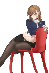1girl belt black_choker black_pantyhose black_skirt blue_jacket brown_hair choker collared_shirt commentary crop_top cropped_jacket cropped_shirt earrings highres jacket jewelry long_hair looking_at_viewer midriff miniskirt navel necktie on_chair original own_hands_together pantyhose pencil_skirt pinepin red_eyes shirt simple_background sitting_sideways skirt stomach stud_earrings white_background white_shirt