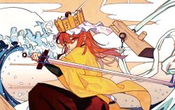 Rule 34 | 1other, bad id, bad tumblr id, black shirt, closed mouth, cloud, commentary, cowboy shot, crown, determined, english commentary, floating clothes, floating hair, frown, hair between eyes, hakama, hakama pants, haori, hart kazami, hexagram, highres, holding, holding sword, holding weapon, jacket, japanese clothes, layered sleeves, len&#039;en, light rays, long hair, long sleeves, long sword, ooya kunimitsu, orange sky, outdoors, pants, red eyes, red hair, red hakama, shirt, sitting, sky, solo, star of david, sunlight, sunset, sword, turtleneck, turtleneck shirt, veil, water drop, waves, weapon, white veil, wide sleeves, wind, yellow crown, yellow jacket