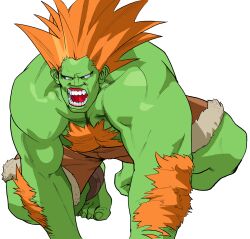 1boy all_fours arm_hair bear_position bengus blanka chest_hair colored_skin fangs game_cg green_skin highres hunched_over long_hair male_focus muscular muscular_male non-web_source official_art open_mouth orange_hair portrait sharp_teeth shorts sideways_glance simple_background solo street_fighter street_fighter_zero_(series) teeth topless_male upper_body white_background