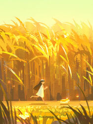 1girl artist_name barefoot black_hair brown_hair bug butterfly dog dress english_text from_side grass huhv. insect long_hair original outdoors running scenery sky sleeveless sleeveless_dress solo sundress white_dress wide_shot yellow_sky yellow_theme