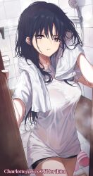 Rule 34 | 1girl, 2gong (9ujin ), after bathing, bathroom, black hair, breasts, highres, horikita suzune, long hair, looking at viewer, original, shirt, third-party edit, third-party watermark, wet, wet clothes, wet hair, wet shirt, youkoso jitsuryoku shijou shugi no kyoushitsu e