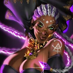 1girl bodypaint braid braided_ponytail breasts dark-skinned_female dark_skin dolores_(kof) dress glasses gold green_eyes huge_breasts jewelry large_breasts long_hair megaween multicolored_hair omegaween purple_hair round_eyewear shiny_skin the_king_of_fighters thick_lips two-tone_hair white_hair