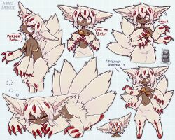 :3 artist_request claws closed_eyes commentary dark-skinned_female dark_skin english_commentary extra_arms faputa full_body goggles made_in_abyss multiple_tails sleeping tail white_fur white_hair yellow_eyes