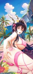 Rule 34 | 1girl, absurdres, arm strap, azur lane, beach, bikini, black hair, blue sky, blush, breasts, brown eyes, e^(in)+1=0, flower, food, food on body, grabbing own ass, hair flower, hair ornament, highres, holding, holding ice cream cone, ice cream, ice cream cone, indomitable (azur lane), large breasts, long hair, looking at viewer, ocean, open mouth, outdoors, palm tree, pink bikini, sky, solo, swimsuit, thigh strap, tongue, tongue out, tree