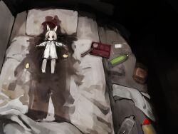 1girl albino animal_ears baby_animal bento bird bottle chick chopsticks commentary dress from_above highres holding holding_bottle indoors long_sleeves lying on_back on_bed original rabbit_ears rabbit_girl red_eyes shirokujira solo white_dress
