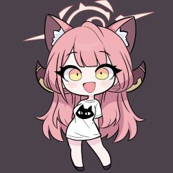 1girl absurdres animal_ear_fluff animal_ears animal_print aru_(blue_archive) blue_archive blush brown_background cat_ears cat_print chibi demon_horns fang full_body halo highres horns long_hair looking_at_viewer open_mouth pink_hair pink_halo shirt simple_background skin_fang smile solo standing t-shirt white_shirt yellow_eyes yoo_mu1004