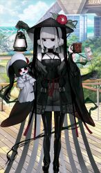 1girl albino_(a1b1n0623) bare_shoulders black_camisole black_eyes black_jacket black_pantyhose blunt_bangs breasts camisole character_doll cup fate/grand_order fate_(series) flower food ghost_hands grey_hair grey_shorts hat jacket jewelry komahime_(fate) lamp long_sleeves looking_at_viewer marshmallow mug necklace off_shoulder official_art pantyhose rice_hat roasted_marshmallow sen_no_rikyu_(fate) short_hair shorts small_breasts smile solo