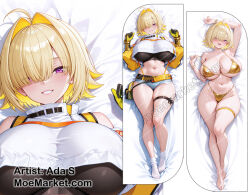 1girl ada_s_(moemarket) bikini blonde_hair breasts dakimakura_(medium) elegg_(nikke) goddess_of_victory:_nikke gold_bikini large_breasts looking_at_viewer solo swimsuit