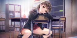 1girl :o black_jacket black_socks blazer blue_reflection_(series) blue_reflection_sun book bookshelf braid brown_eyes brown_hair chalkboard classroom desk feet_out_of_frame game_cg head_rest highres hoshiya_kanna indoors jacket kishida_mel long_sleeves looking_at_viewer non-web_source official_art open_mouth plaid_clothes plaid_skirt red_skirt school_desk school_uniform short_hair single_braid sitting sitting_backwards skirt socks solo wooden_floor