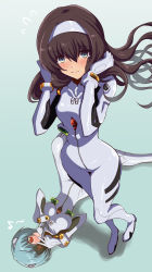 1boy 1girl ayanami_rei ayanami_rei_(cosplay) black_hair blue_eyes blue_hair bodysuit commentary_request cosplay crossdressing female_pervert from_above fujitaka_nasu full_body hairband highres ikari_shinji interface_headset_(evangelion) latex latex_bodysuit looking_at_viewer mecha_pilot_suit neon_genesis_evangelion out_of_character perspective pervert plugsuit_(evangelion) red_eyes short_hair trap white_bodysuit white_hairband yuri