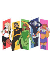 Rule 34 | bad link, batgirl, belly, belt, black hair, blonde hair, braid, cassandra cain, cynthiacizercreates, dc comics, gloves, harley quinn, highres, multicolored hair, multiple girls, multiple views, navel, poison ivy, purple hair, raven (dc), red hair, simple background, starfire, thighhighs, twin braids, two-tone hair