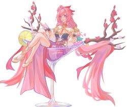 1girl absurdly_long_hair branch breasts cherry_blossoms chinese_clothes cocktail_glass commentary cup dress drinking_glass elf elysia_(herrscher_of_human:_ego)_(honkai_impact) elysia_(honkai_impact) elysia_(peachy_spring)_(honkai_impact) english_commentary food fruit full_body high_heels highres honkai_(series) honkai_impact_3rd lemon lemon_slice long_hair lucas_(lucasng29949052) medium_breasts official_alternate_costume pink_hair pointy_ears purple_eyes red_dress shoes simple_background solo very_long_hair white_background white_shoes