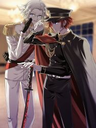 2boys adjusting_clothes adjusting_headwear aotsuki_eito arm_behind_back belt black_belt black_cape black_gloves black_hat black_jacket black_pants blue_eyes cape epaulettes glasses gloves grey_hair hand_on_weapon hat highres indoors jacket male_focus mizunana_(mizuasagi) multicolored_hair multiple_boys pants peaked_cap red_hair short_hair standing streaked_hair sumino_takumi the_hundred_line_-last_defense_academy- two-sided_cape two-sided_fabric white_belt white_gloves white_jacket white_pants