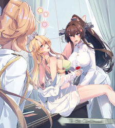 3girls akigumo_(kancolle) alcohol blonde_hair blush bra breasts brown_eyes brown_hair cherry_blossoms cup drinking_glass drunk flower green_bra green_panties hair_between_eyes hair_flower hair_ornament headgear highres himeyamato holding holding_cup iowa_(kancolle) kantai_collection large_breasts leg_on_another&#039;s_shoulder leg_up long_hair long_sleeves meme multiple_girls open_mouth panties panties_around_toe unworn_panties ponytail thighs to_be_continued underwear very_long_hair walk-in wine wine_glass yamato_(kancolle) yuri