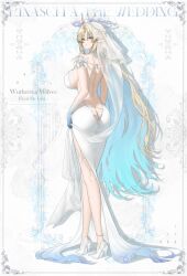 1girl ass bare_shoulders blonde_hair blue_hair breasts colored_inner_hair commentary crown_of_thorns dang_geun23283 fleurdelys_(wuthering_waves) from_behind full_body hashtag-only_commentary high_heels highres horns huge_breasts long_hair median_furrow multicolored_hair pointy_ears shoes simple_background single_horn solo veil very_long_hair white_background white_shoes white_veil wuthering_waves yellow_horns