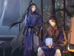 2boys armor bacteriashintaro belt black_belt black_gloves black_hair black_hanfu blue_eyes blue_headband candle cape chinese_clothes chinese_commentary clenched_hands clenched_teeth closed_mouth curtains erha_he_tadebai_mao_shizun fingerless_gloves furrowed_brow gloves half-closed_eyes hanfu headband high_ponytail highres holding holding_lantern indoors lantern long_hair looking_at_object male_focus mo_ran multiple_boys night on_chair pants ponytail sash shoulder_armor side_cape sitting standing table tassel teeth white_cape white_pants window xiao_guan_(headdress) xue_meng zhijupao